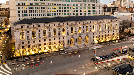 Aerial photos of the San Francisco Supreme Court building at twilight.