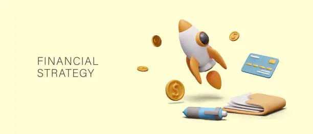 Vector illustration of Financial strategy. Rocket launch, 3D coins, notes, pen, credit card