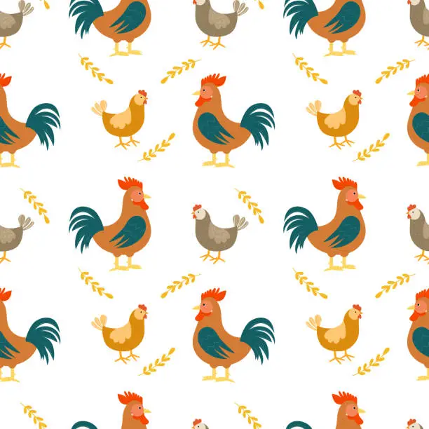 Vector illustration of Seamless pattern with rooster and hen on white background.