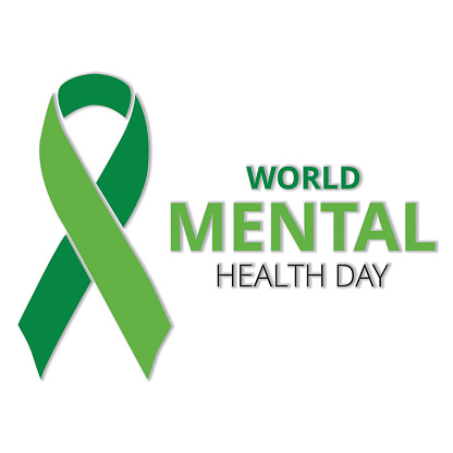 Green ribbon for world mental health day on a white background with copy space