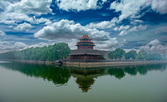 Serene Reflections of the Watchtower at the Forbidden City Moat, Beijing.