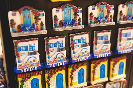 Postcards and other souvenirs at a Gift Shop in Mykonos Town, Greece