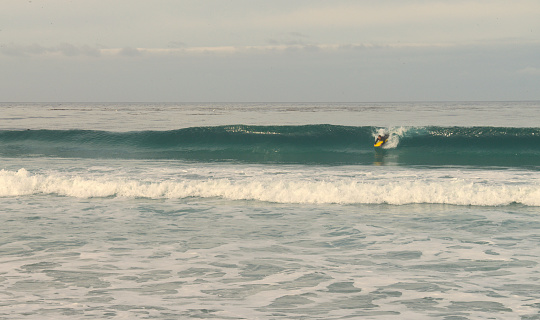 single surfer in ocean wave near coast