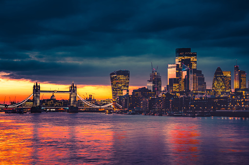 Tower Bridge and Downtown City Skyline at Twilight London
