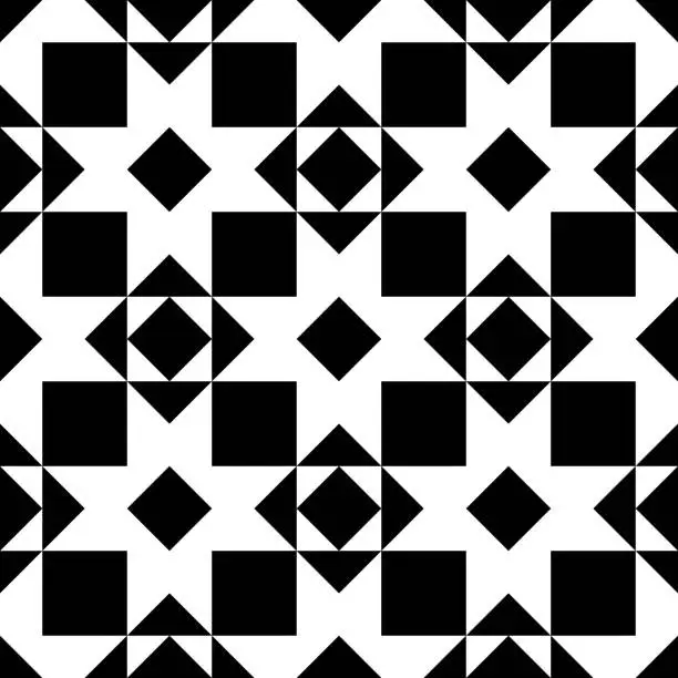 Vector illustration of Triangles, rhombuses, diamonds, squares, checks seamless pattern. Ethnic ornate. Geometric image. Folk ornament. Tribal wallpaper. Geometrical background. Retro motif. Ethnical textile print. Vector