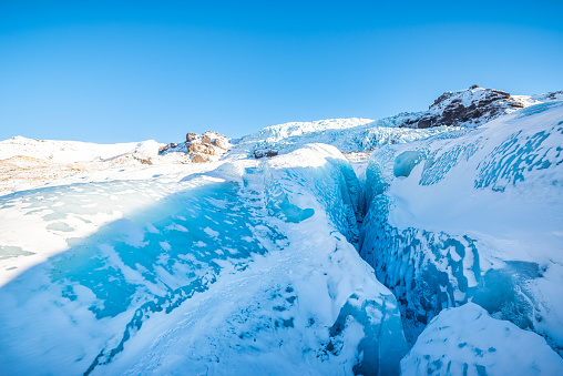 Falljokull Glacier (Falling Glacier) part of the Vatnajokull National Park in a sunny day with clear sky in southern Iceland