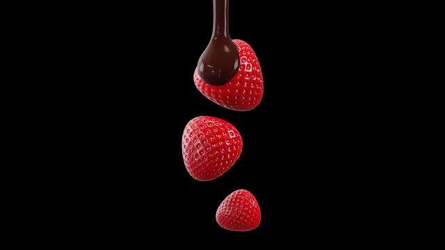 chocolate flow on strawberry, 3D animation, Black Screen, Green Screen