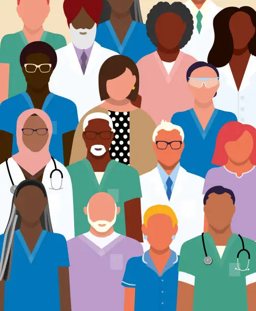 Vector illustration of Crowd of diverse medical team professionals doctors and nurses both men and women vibrant colors