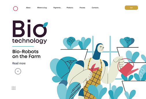 Bio Technology, Robot on farm -modern flat vector concept illustration of bio-robot engaged in agricultural activities. Metaphor of robotics and biotechnology integration, efficiency, sustainability