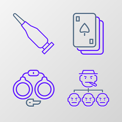 Set line Mafia Handcuffs Playing cards and Bullet icon. Vector.