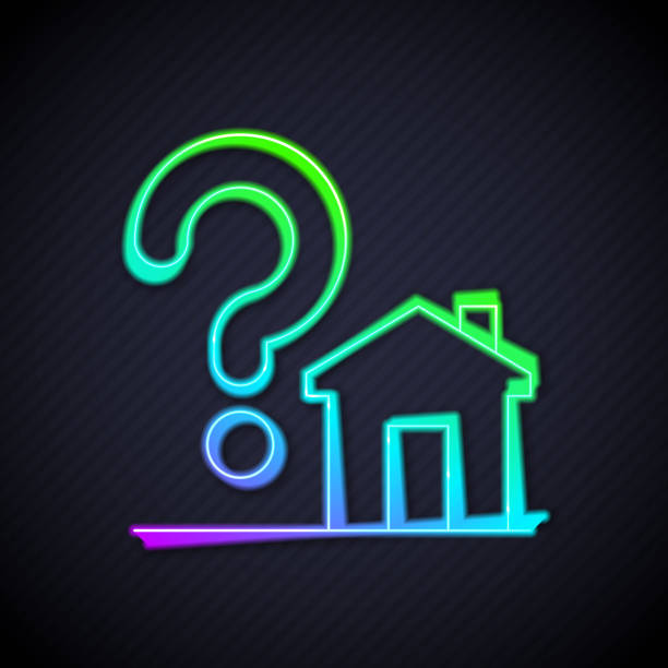 istock Glowing neon line House with question mark icon isolated on black background. Housing problems, questions. Vector 2064125702