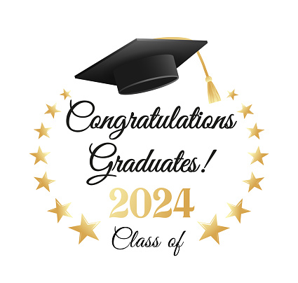 Class of 2024. Congratulations graduates graduation concept for banner, greeting card, stamp, logo, print, invitation. Graduation gold typography design template. Flat style vector illustration