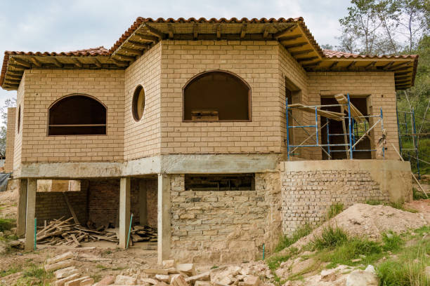 General view of a messy construction site of an adobe bricks house, near the colonial town of Villa de Leyva, in central Colombia.