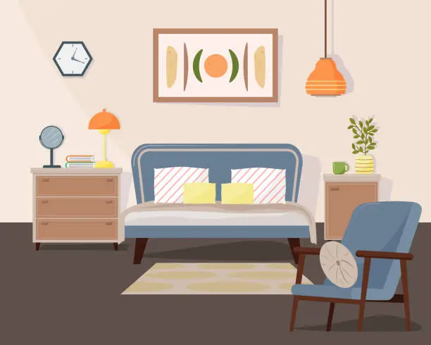Vector illustration of Bedroom interior with bed and armchair. Furniture for the room - bedside tables, mirror and books. A lamp with a lampshade and a clock, a painting on the wall and a flower in a pot. Vector.