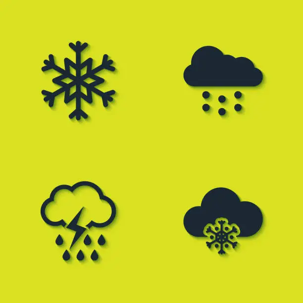 Vector illustration of Set Snowflake, Cloud with snow, rain and lightning and icon. Vector