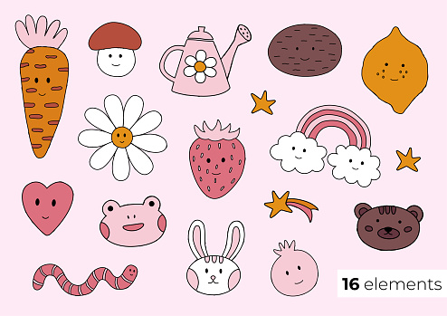 Cute pink set of 16 elements: vegetables, fruits, stars, rainbow, and animals. Set of spring doodle vector illustrations. Garden pattern. Perfect for scrapbooking, greeting card, poster, and sticker.