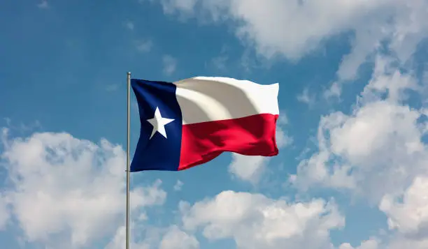 Flag Texas against cloudy sky. Country, nation, union, banner, government, Texian culture, politics. 3D illustration