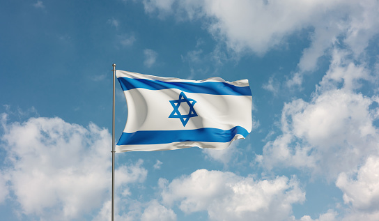 Flag Israel against cloudy sky. Country, nation, union, banner, government, Israeli culture, politics. 3D illustration