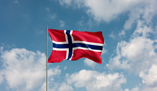 Flag Norway against cloudy sky. Country, nation, union, banner, government, Norwegian culture, politics. 3D illustration