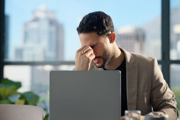 istock Laptop, office and business man with stress for mistake, crisis and problem on internet, website and online. Professional, consultant and person with anxiety, worry and frustrated on computer at desk 2064243527