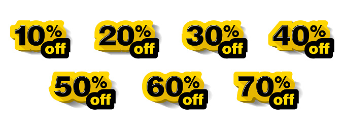 Percent off stickers set. Discounts numbers from 10% to 70%. Vector on transparent background