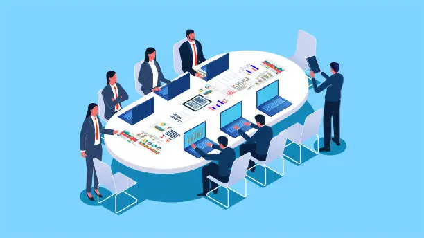 Vector illustration of Business meetings, employee training and learning, project sharing and analysis, workshops. Isometric business team group members sitting at a conference table discussing their work together