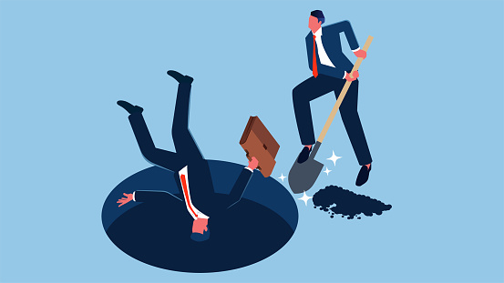 Isometric Cunning businessman digs a hole for his fellows to fall into, misdirection or fraud to get people into a trap, victim in a professional or business venture