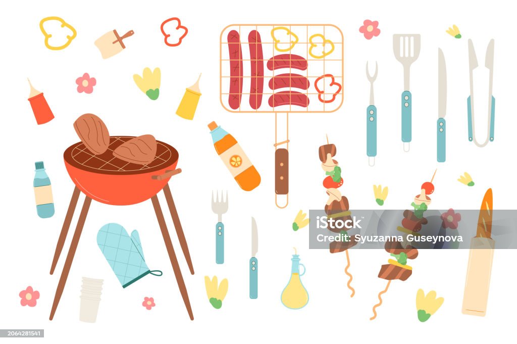 Spring Bbq Vector Grill Picnic Set Spring Bbq Elements Isolated On White Background ...