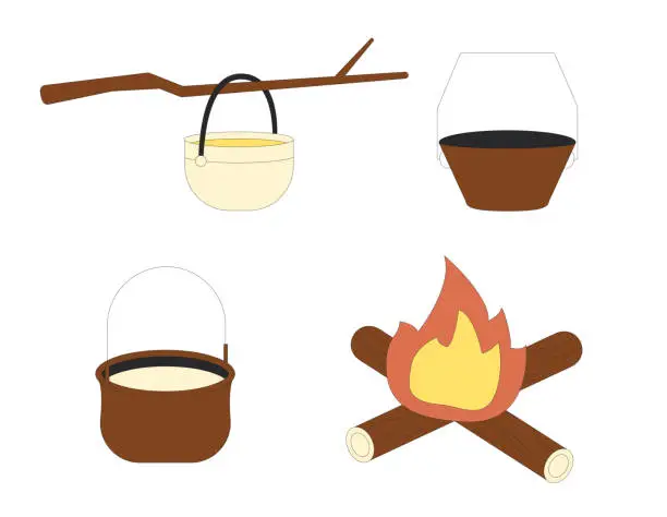 Vector illustration of Hiking fire and pot set isolated on white background. Camping flame and cookers. Expedition trekking pans and campfire vector flat illustration