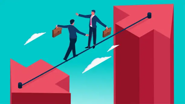 Vector illustration of Conflict, bravery and competition, not giving way to each other. Two isometric businessmen meet in the middle of a wire rope and don't give way to each other