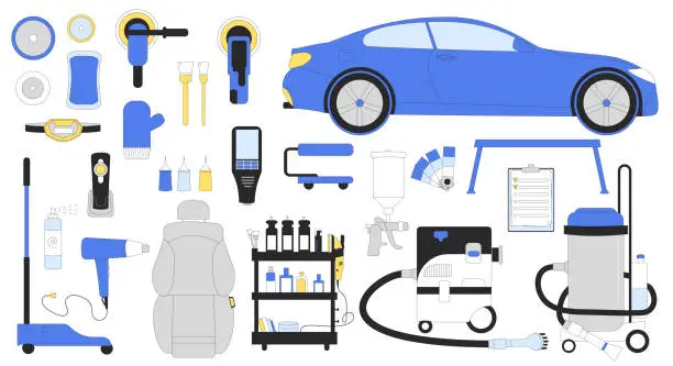 Vector illustration of Car detailing equipment set. Vector illustration kit of isolated automobile service tools. Polish, vacuum wash painting waxing dry cleaning leather repair body and interior