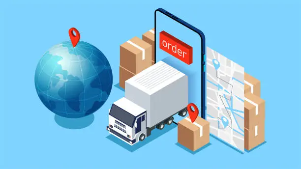 Vector illustration of Global Logistics Orders and Services, Global Trade Import and Export Transportation, Freight Orders and Deliveries, Isometric Large Trucks from Inside Smartphones