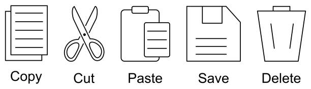 illustrazioni stock, clip art, cartoni animati e icone di tendenza di copia, incolla, taglia, salva ed elimina le icone - colla