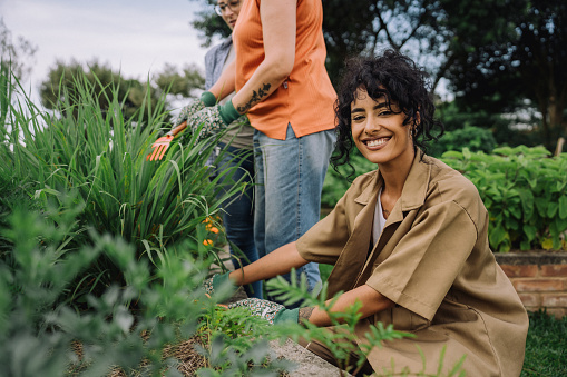 Portrait of young woman tending urban vegetable garden