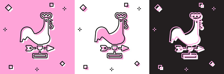 Set Rooster weather vane icon isolated on pink and white, black background. Weathercock sign. Windvane rooster. Vector.