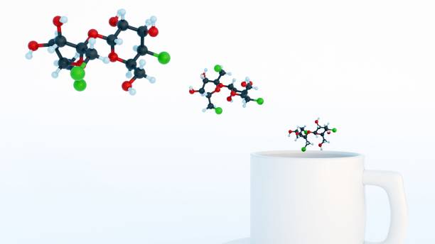 istock 3d rendering of Sucralose molecule and a cup of drink 2064406481