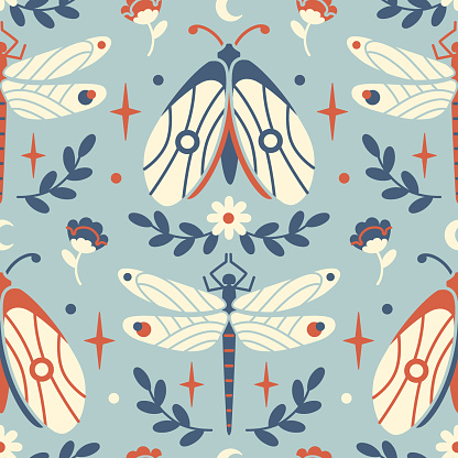 Folk style vector seamless pattern. Bohemian background with moth, and dragonfly. Muted spring garden aesthetic. Limited palette seamless graphic