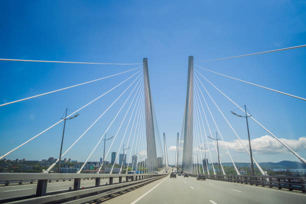 golden, zolotoy bridge over zolotoy rog bay. vladivostok. russia - ostrog stock-fotos und bilder