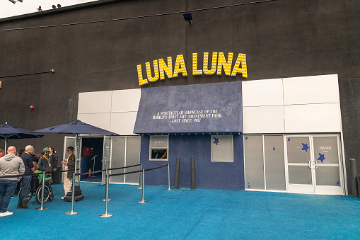 Los Angeles, CA, USA  March 6, 2024: Exterior to the Luna Luna Forgotten Fantasy exhibit in the arts district of Los Angeles, CA.