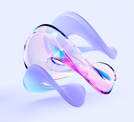 Abstract glass infinity loop shapes 3d background. Transparent glossy and morphism rings, rainbow wave plastic and liquid forms gradient texture. Holographic twisted circles in motion. 3D illustration