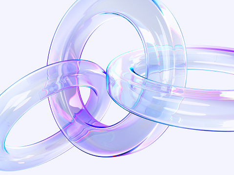 Abstract 3d background with glass chain of iridescent links. Closeup of connected rainbow crystal rings, transparent glossy geometric circle shapes with hologram gradient texture. 3D illustration