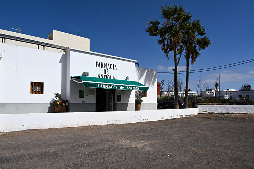 Antigua, Fuerteventura, Spain, February 27, 2024 - The pharmacy of Antigua, Lda. Coralia Quintero Casanova in Fuerteventura.