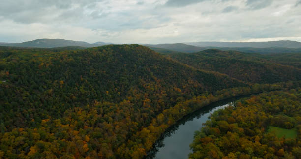 Aerial shot of the Potomac River flowing through Green Ridge State Forest, at the border between Maryland and West Virginia.
