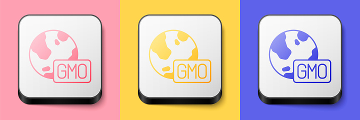 Isometric GMO icon isolated on pink, yellow and blue background. Genetically modified organism acronym. Dna food modification. Square button. Vector.