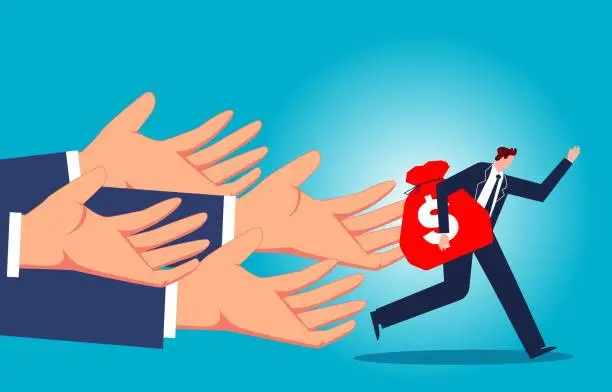 Vector illustration of Borrowing money, debt crises, bankruptcies, claims for taxes or debts, countless hands reaching out to businessmen with bags of money