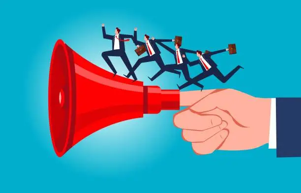 Vector illustration of Marketing campaigns, marketing advertising target groups, marketing strategies and guidance, a group of businessmen running along a megaphone on the index finger of a large hand