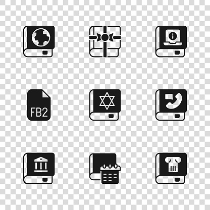 Set Daily paper notepad Phone book History Jewish torah User manual Earth globe and Book as gift and FB2 File icon. Vector.