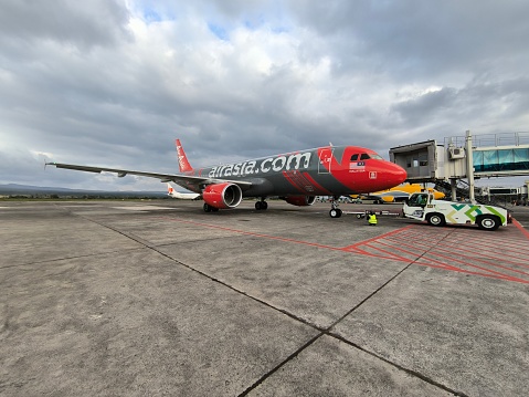 Banda Aceh, Aceh,Indonesia, February 28, 2024: Airbus France Aircraft Manufacture, the Airbus 320 Family Fleet Air Asia Malaysia