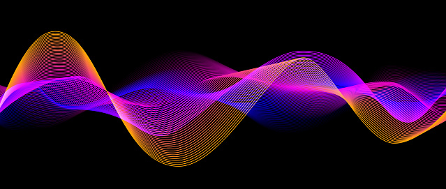 Neon flowing wavy lines on black background. Abstract sound wave design for ai concept, equalizer, audio record, voice assistant. Blue, pink orange gradient curve stripes. Vector wallpaper