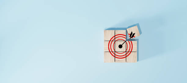 istock Red dartboard and black arrow on wooden on blue backgroup. customer relation management concept. 2064535303